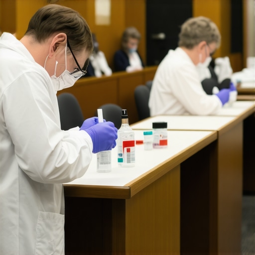 Forensic Analysis in Courtroom Scene showing forensic experts examining blood evidence during a DUI case