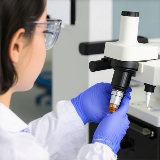 Forensic scientist examining blood sample with modern laboratory tools