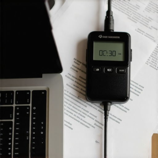 A person reviewing legal documents with a digital voice recorder and a laptop on a clean desk.