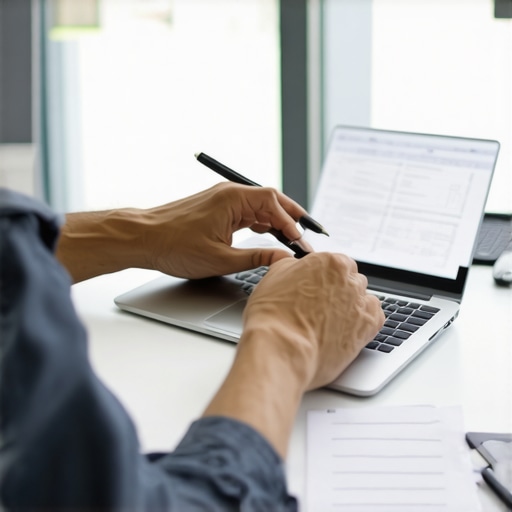 Person organizing legal documents and using DUI defense software on a laptop.