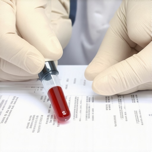 Lawyer reviewing forensic blood sample records for evidence errors