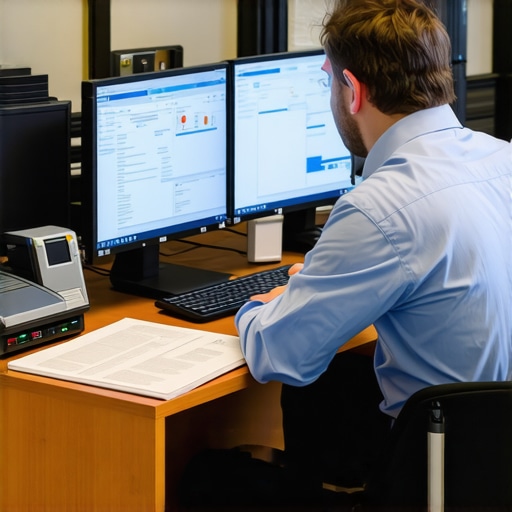 DUI Lawyer Using Advanced Legal Tools A professional DUI attorney analyzing case data on multiple screens with evidence and calibration tools nearby.