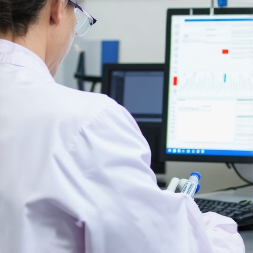 Expert analyzing blood testing equipment and forensic software to maintain DUI evidence integrity.