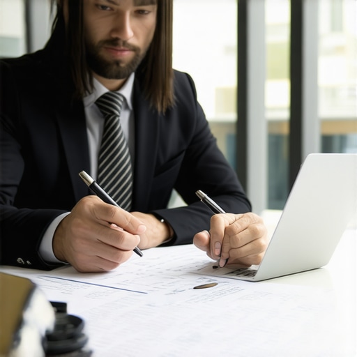 Lawyer discussing case details with client in a professional office setting
