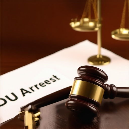 Legal Scales and DUI Case Files Legal scales balancing DUI arrest documents and a gavel on a lawyer's desk