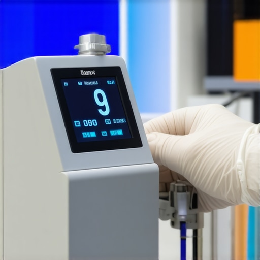 Technician calibrating a breathalyzer device with a digital display in a laboratory setting