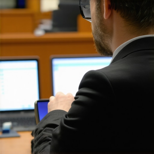 A lawyer reviewing digital breathalyzer data with a judge in a courtroom