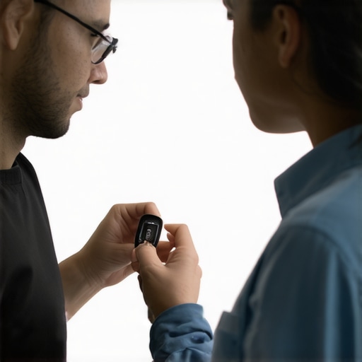 An individual calibrating a biometric device with a forensic specialist, symbolizing diligent equipment upkeep for legal defense.